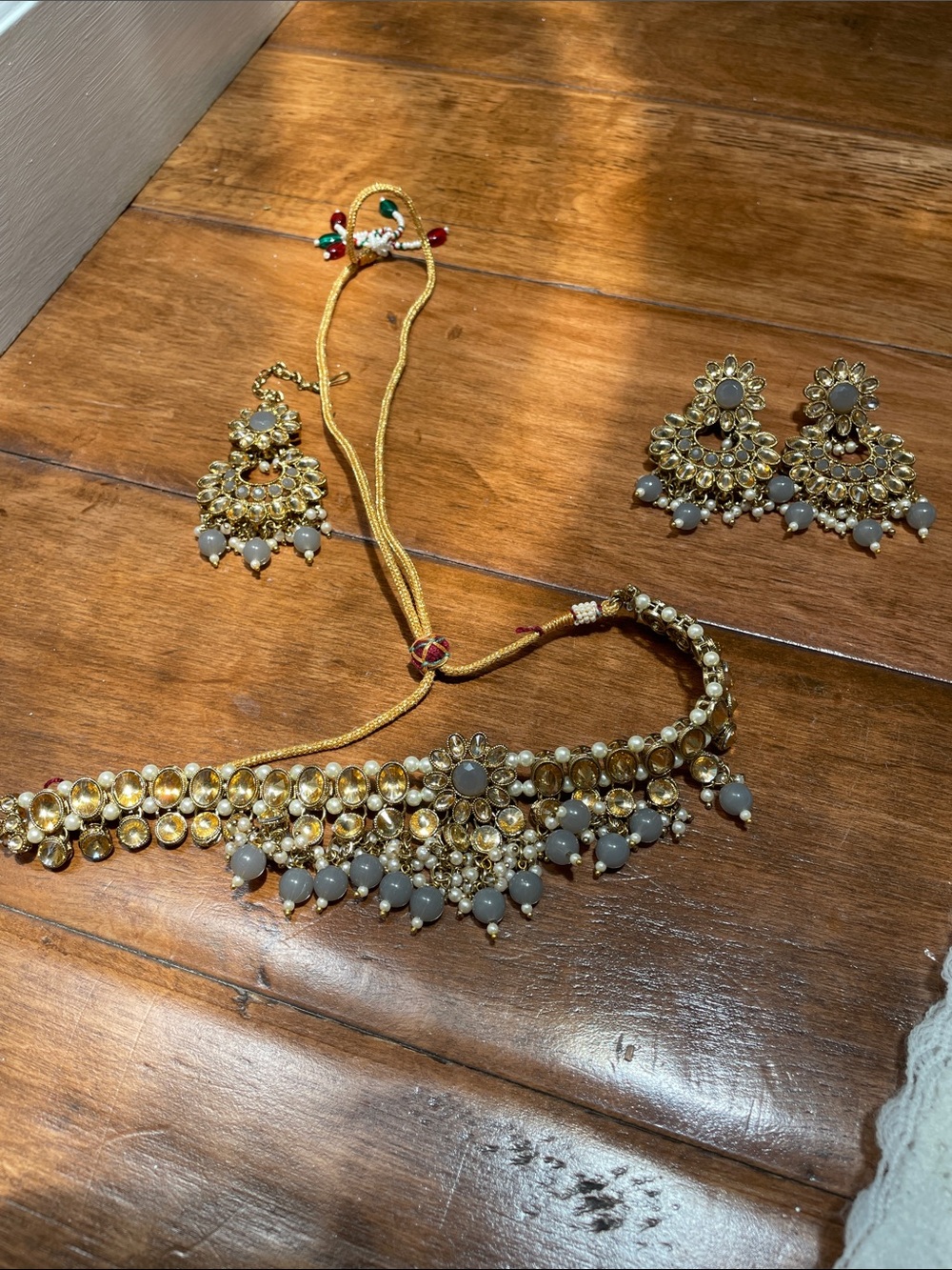 Gold-Tone Kundan Choker Necklace and Earring Set with Gray Beads